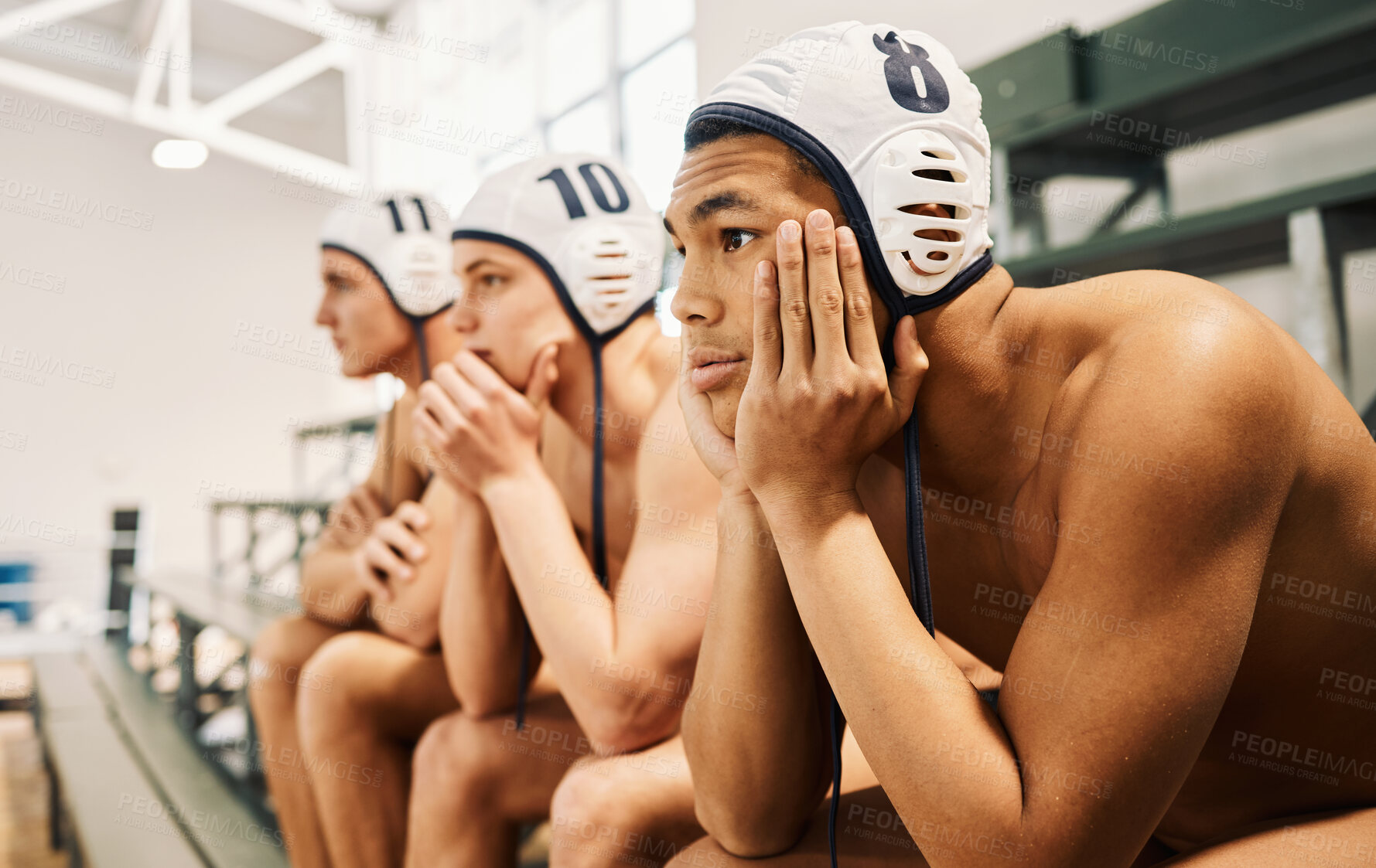 Buy stock photo Sports, water polo and teamwork with men at swimming pool for fitness, training and games. Collaboration, goal and health with group of people on bench for championship, focus and performance