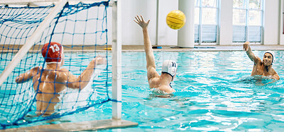 Buy stock photo Teenager, boys and team, water polo and playing game with sports, action and energy in indoor swimming pool. Young male players, high school athlete group and competition with fitness and teamwork
