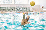 Sports, ball and water polo with man in swimming pool for focus, training and games. Championship practice, workout and performance with person in competition match for health, wellness and target