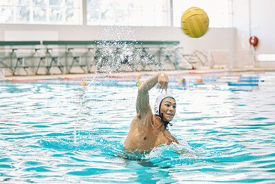 Buy stock photo Sports, ball and water polo with man in swimming pool for focus, training and games. Championship practice, workout and performance with person in competition match for health, wellness and target