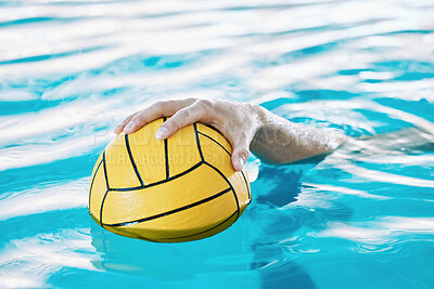 Ball, hand and water polo, swimming pool and sports with fitness, athlete and training for game. Person, swimmer and equipment with exercise, closeup and aquatic workout with challenge and match