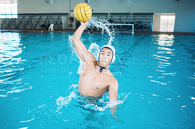 Buy stock photo Sports, fitness and water polo with man in swimming pool for exercise, training and games. Championship, workout and performance with person and ball in competition for health, wellness and target