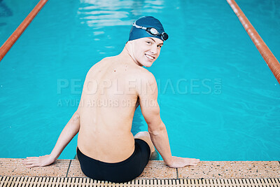 Buy stock photo Swimming, sports and portrait of happy man by pool for training, competition and exercise in gym. Professional, fitness and male swimmer ready for challenge, workout and start practice for wellness