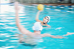 Water polo, shooting ball and people in swimming pool training, exercise and fitness game or sports event. Professional swimmer, man and team for competition, athlete challenge and speed or splash