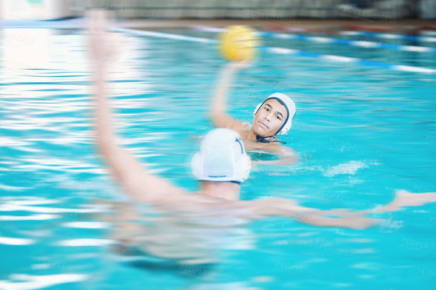 Buy stock photo Water polo, shooting ball and people in swimming pool training, exercise and fitness game or sports event. Professional swimmer, man or team in competition, athlete challenge and speed blur or splash