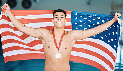 Buy stock photo Portrait, winner and gold medal with a water polo man in celebration of success during a sports event in a gym. Fitness, victory and flag with a happy american athlete cheering in triumph on a podium