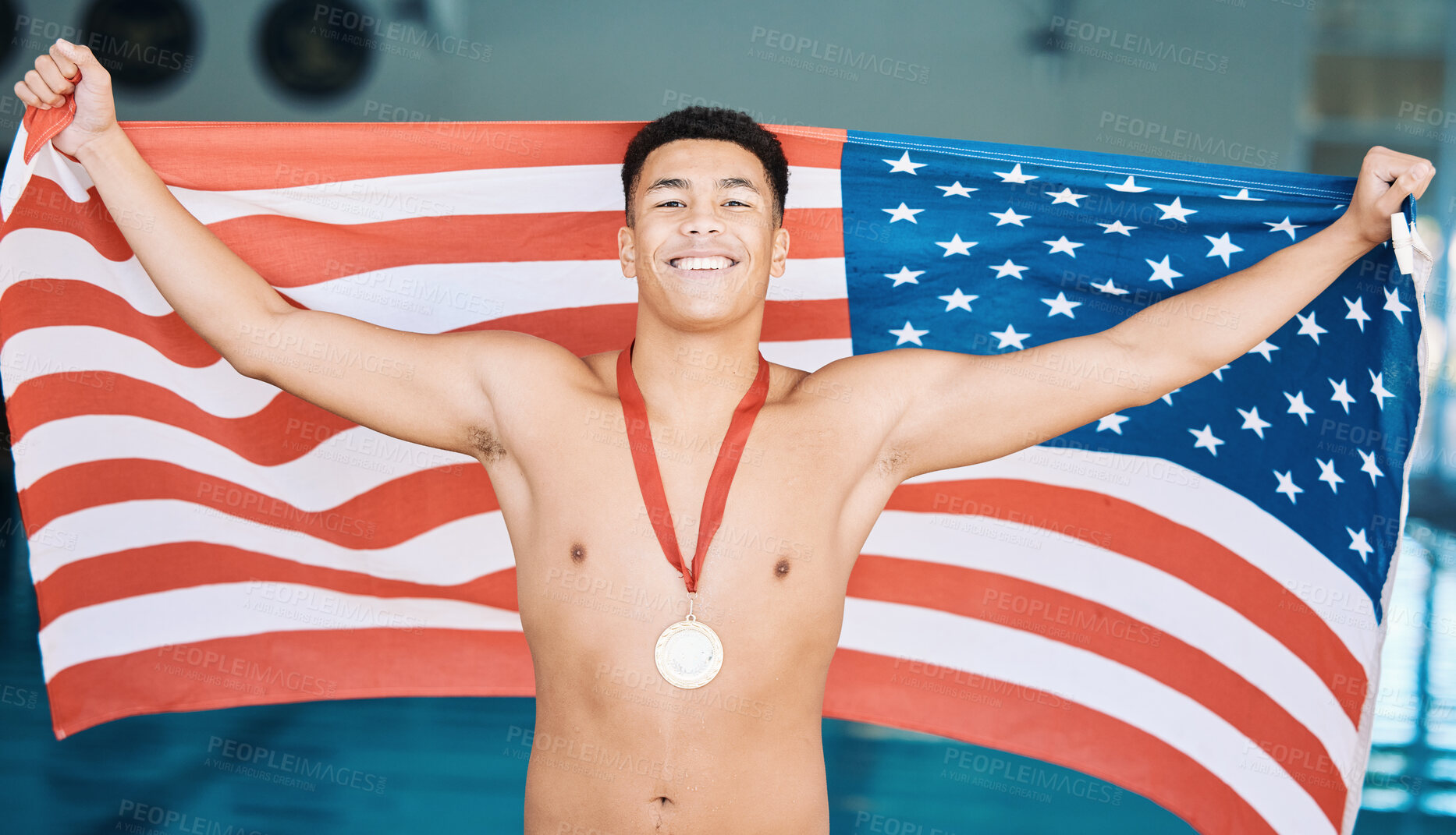 Buy stock photo Portrait, winner and gold medal with a water polo man in celebration of success during a sports event in a gym. Fitness, victory and flag with a happy american athlete cheering in triumph on a podium