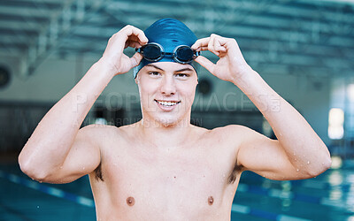 Buy stock photo Happy man, portrait and swimmer in sports training, exercise or workout by the indoor pool. Male person or athlete smile in professional swimming for fitness, water sport or practice in competition
