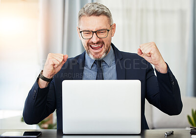 Buy stock photo Excited business man, laptop and celebration with fist, bonus or profit with investment on stock market. Mature entrepreneur, broker or winner for goal, achievement or success in gambling on internet