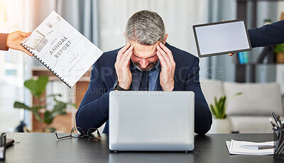 Buy stock photo Business man, headache and busy office with report, documents and blank tablet with mockup space. Mature CEO, boss or leader with staff hands, paperwork and laptop for audit, accounting and burnout