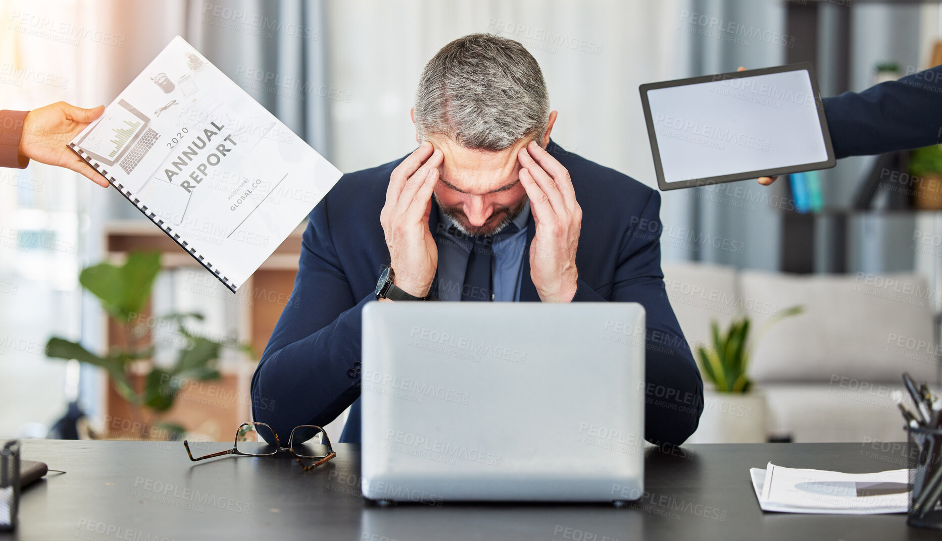 Buy stock photo Business man, headache and busy office with report, documents and blank tablet with mockup space. Mature CEO, boss or leader with staff hands, paperwork and laptop for audit, accounting and burnout