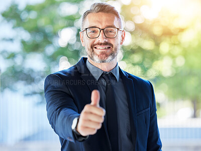 Buy stock photo Business man, senior and thumbs up, support and agreement in portrait with smile, executive and positive feedback. Male CEO, corporate deal and yes vote with voice, emoji and like, happy with opinion