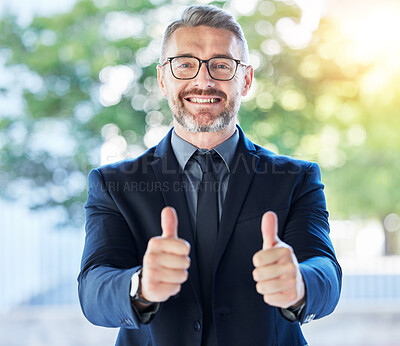 Buy stock photo Business man, senior executive and thumbs up, support and agreement in portrait with smile and positive feedback. Male CEO, corporate deal and yes vote with voice, emoji and like, happy with opinion