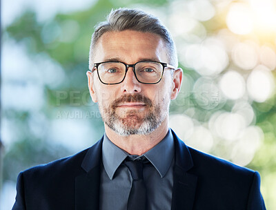 Buy stock photo Face, mature ceo and man outdoor for business, entrepreneurship and corporate professional on bokeh background mockup space. Portrait, serious and manager, accountant or executive with glasses