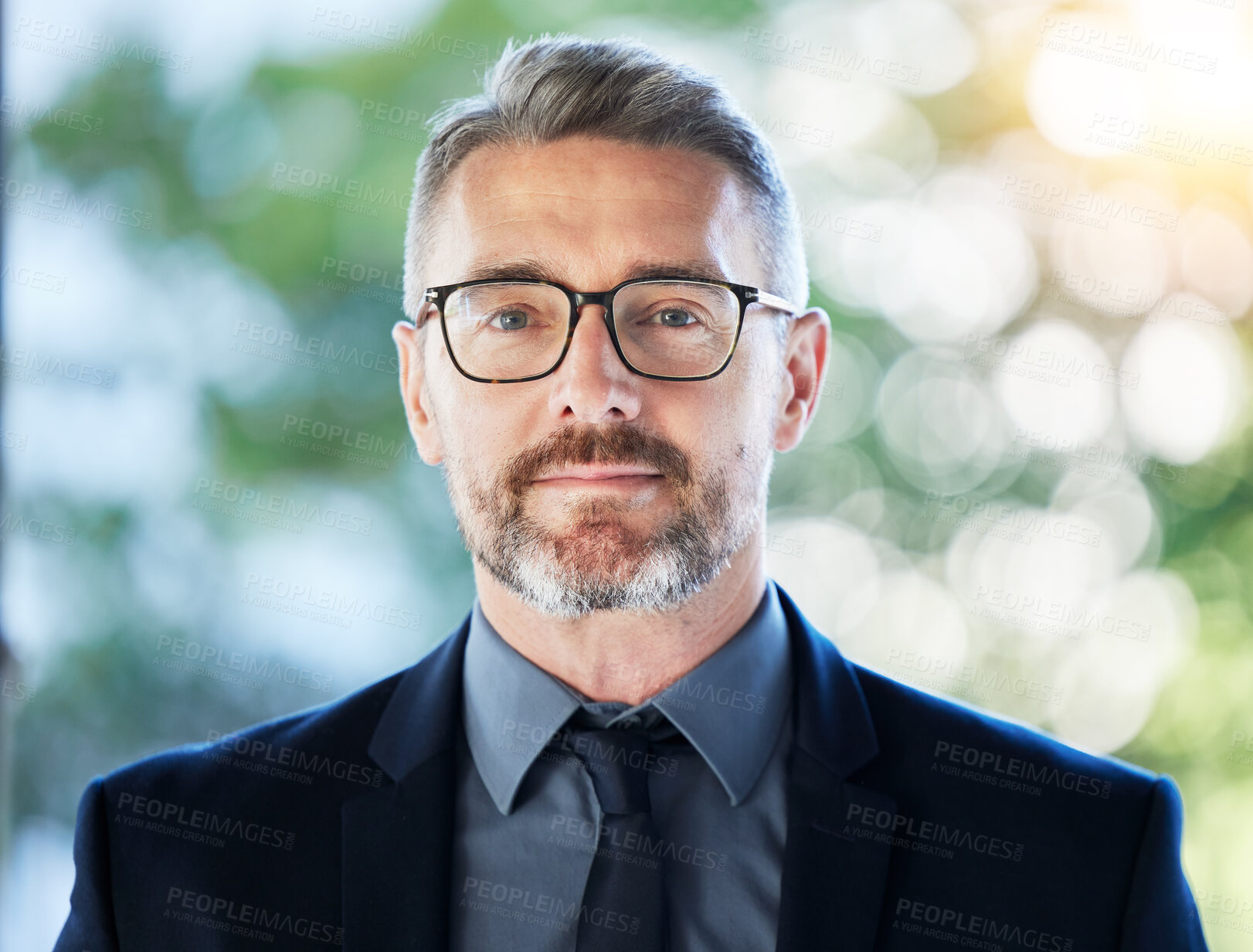 Buy stock photo Face, mature ceo and man outdoor for business, entrepreneurship and corporate professional on bokeh background mockup space. Portrait, serious and manager, accountant or executive with glasses