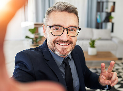 Buy stock photo Hands, peace and business man selfie in office for profile picture, photo or break. Portrait, happy and guy ceo influencer pose for podcast, blog or social media post at work with content creation