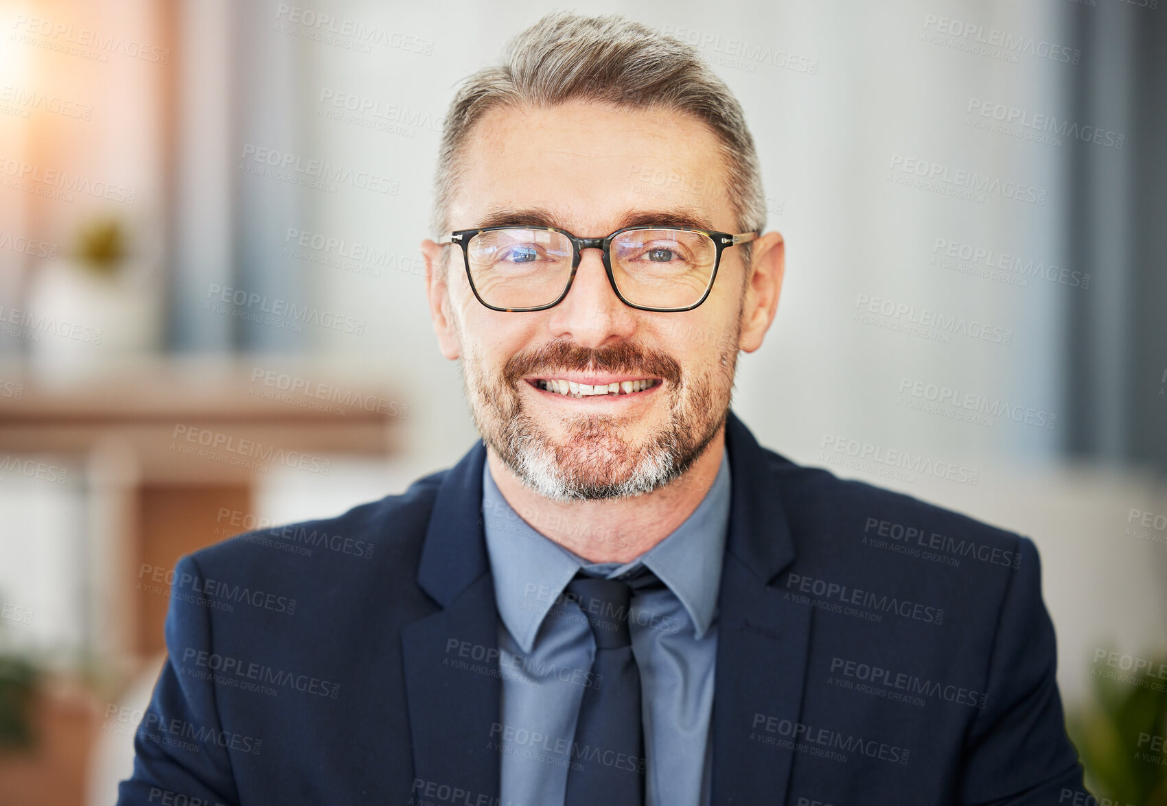 Buy stock photo Portrait, mature business man and smile in office with corporate confidence, pride and professional broker in Australia. Face of happy CEO, manager and financial trader with experience in consulting