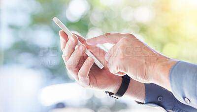 Buy stock photo Business man, hands and typing with phone for social network, digital website and internet contact. Closeup of worker scroll on smartphone, reading corporate news app and download mobile information