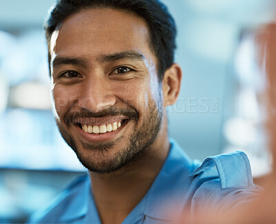 Buy stock photo Selfie, security and man with smile in profile in control room at agency with closeup or asian. Safety, professional and happy at data centre for crime as manager with positive mindset at workplace.