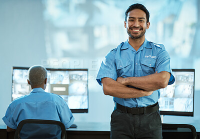 Buy stock photo Portrait, security and man with smile in control room as employee at agency with asian. Face, safety, professional and working at data centre for surveillance for crime on video with technology.