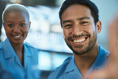 Buy stock photo Happy people, portrait and security guard for selfie, memory or photography in surveillance at office. Man and woman officer smile for photograph, social media or vlog together in protection agency