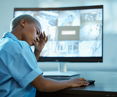 Buy stock photo Black woman, police and headache for security surveillance in burnout, stress or overworked at office. Frustrated African female person or officer with bad head pain, anxiety or mistake at workplace