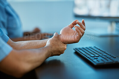 Buy stock photo Person, hands and wrist pain in surveillance from injury, accident or carpal tunnel syndrome at office. Closeup of security guard with sore arm, ache or joint inflammation from overworked typing