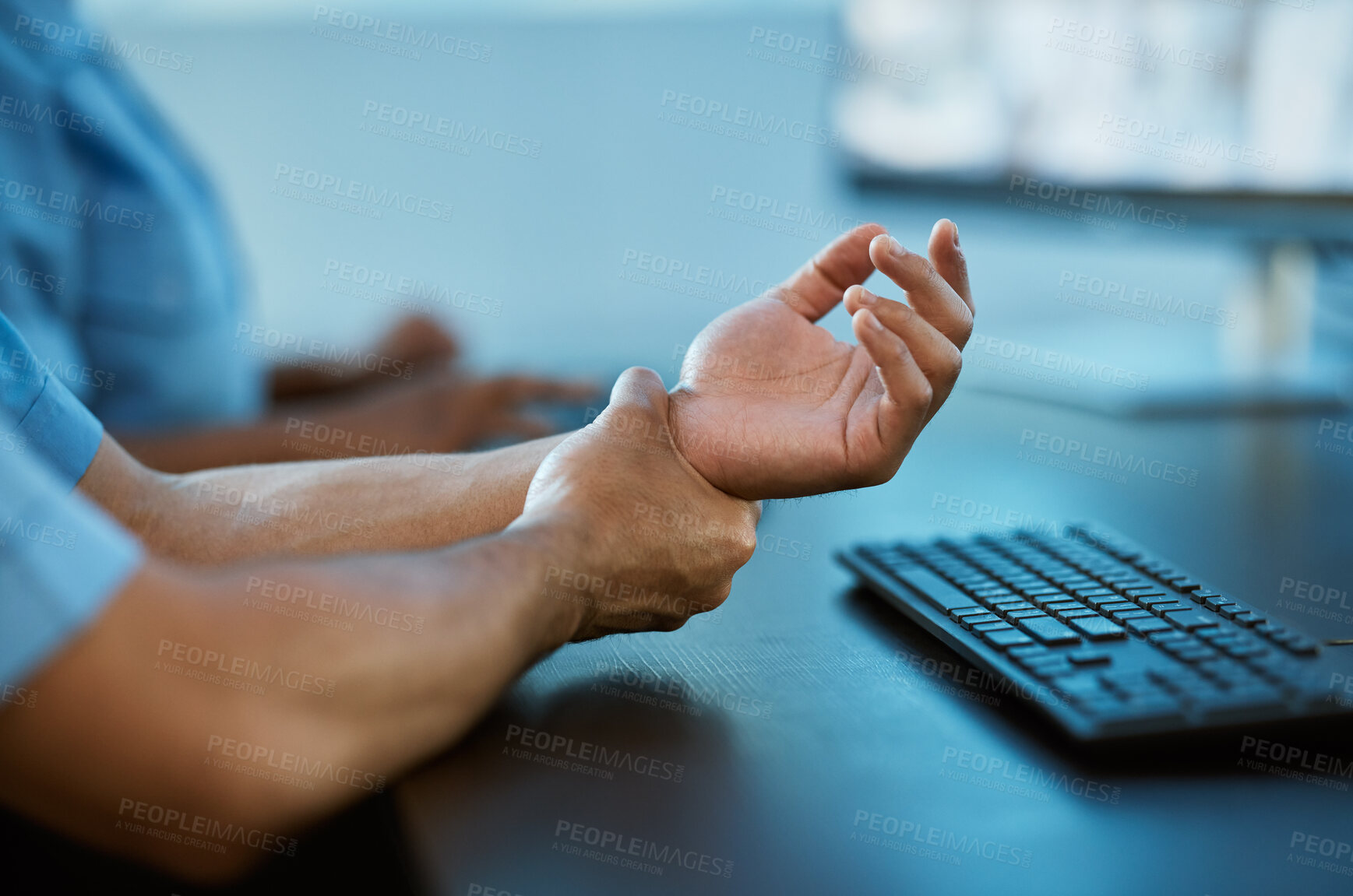 Buy stock photo Person, hands and wrist pain in surveillance from injury, accident or carpal tunnel syndrome at office. Closeup of security guard with sore arm, ache or joint inflammation from overworked typing