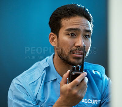 Buy stock photo Man, walkie talkie and a security guard or safety officer in office with communication. Face of an alert and worried person with a radio to report crime for investigation, backup or surveillance