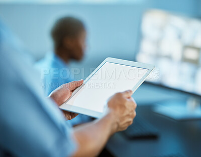 Buy stock photo Man, hands and tablet mockup for security surveillance, search or area inspection at the office. Closeup of male person, guard or police officer with technology display for safety protection app
