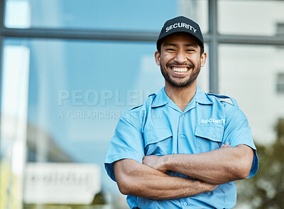 Buy stock photo Happy man, portrait and security guard with arms crossed in city for career safety or outdoor protection. Male person, police or officer smile in confidence, law enforcement or patrol in urban town