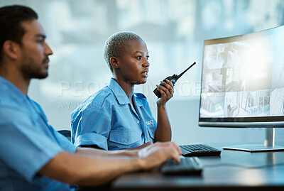 Buy stock photo Security guard, safety and control room with a radio and computer monitor for surveillance. Man and woman working together for crime investigation, cctv screen and communication with a walkie talkie