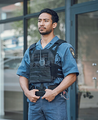 Buy stock photo Security, police officer and man in uniform in city for defense, inspection and supervision on patrol. Surveillance, law enforcement and male person in town for safety, crime and protection service