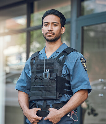 Buy stock photo Security, police and portrait of man in city for justice, inspection and supervision on patrol. Surveillance, law enforcement uniform and male person in town for safety, crime and protection service