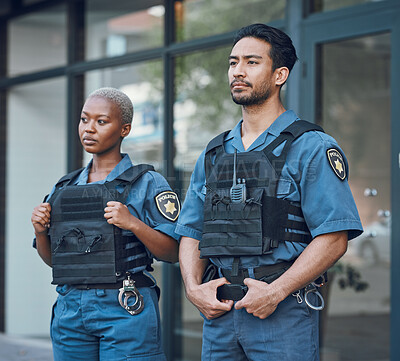 Buy stock photo Security, police team and people in city for working, inspection and supervision on patrol shift. Surveillance, law enforcement and man and woman in town for safety, crime and protection service