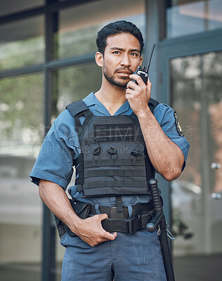 Buy stock photo Man, radio and a security guard or bodyguard outdoor on in a city with communication. Safety officer person with a walkie talkie at a building to report crime for investigation and surveillance