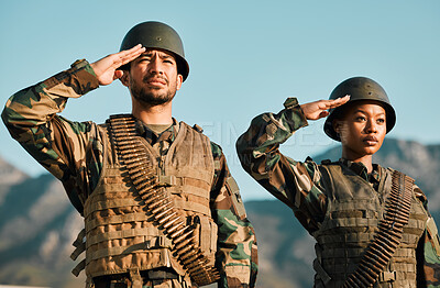 Buy stock photo Salute, army and soldier with people in nature for training, military service and war. Hero, veteran and teamwork with man and woman in outdoors for warrior, battlefield and courage together