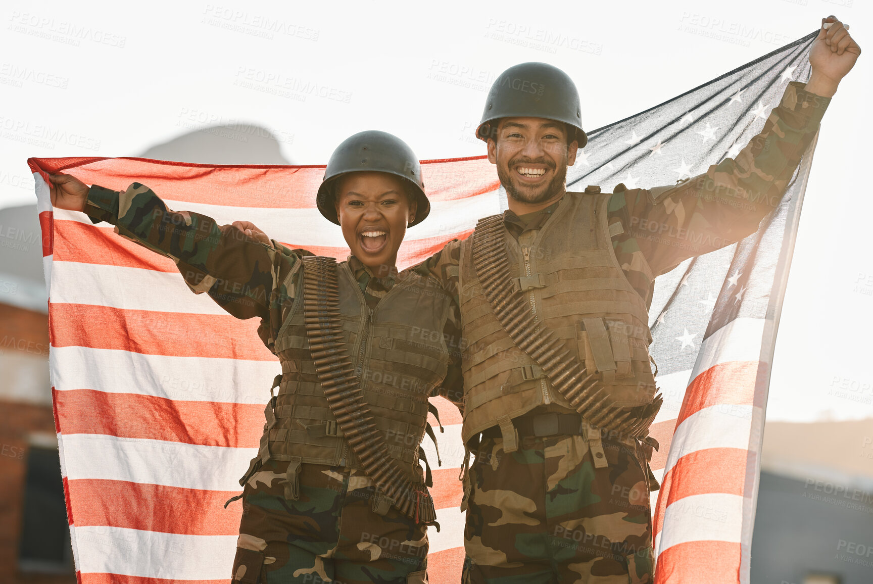 Buy stock photo Army, portrait of man and woman with American flag, solidarity and team pride together at war time. Smile, happiness and soldier partnership, people with patriot service in military uniform for USA.