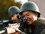 Army, people and gun for training, defense or power on rooftop for aim, shooting or practice. Military, weapon and black woman with man soldier and sniper rifle for war, target or protection team