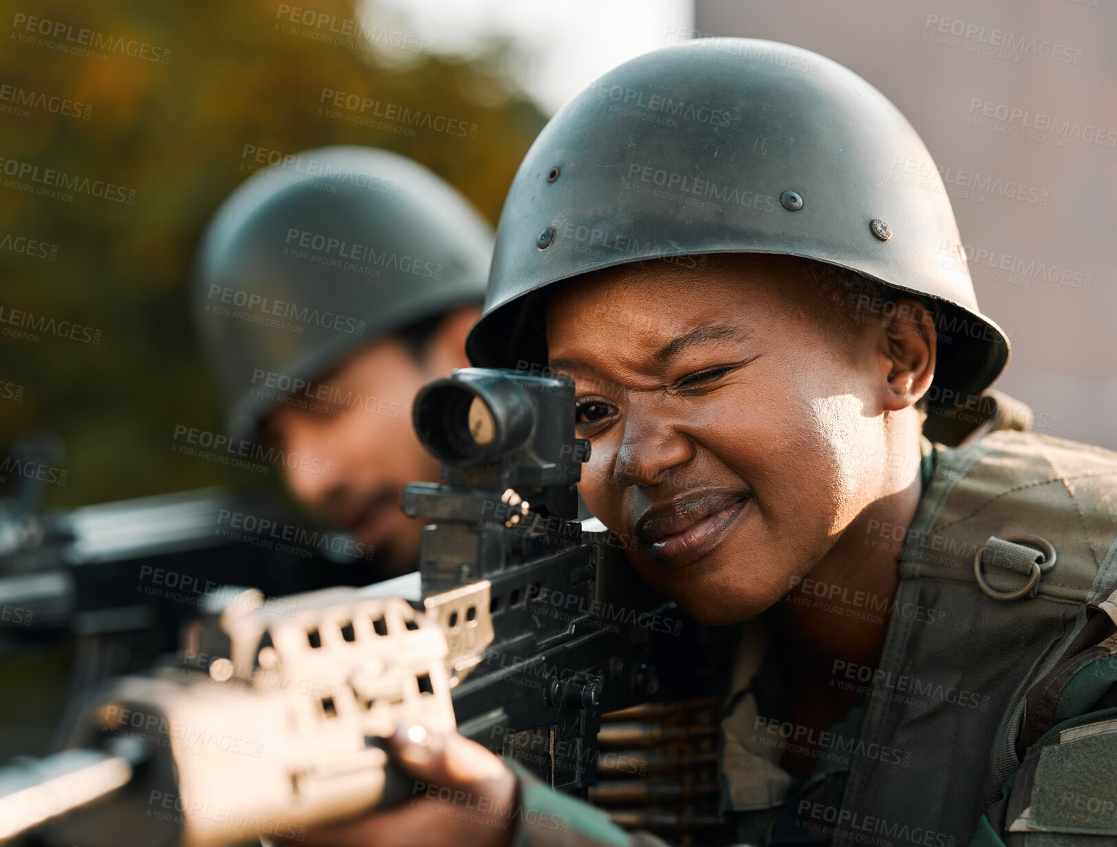 Buy stock photo Army, people and gun for training, defense or power on rooftop for aim, shooting or practice. Military, weapon and black woman with man soldier and sniper rifle for war, target or protection team