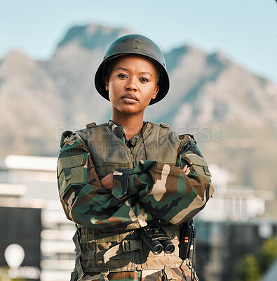 Buy stock photo Soldier, portrait and black woman with arms crossed in city for power, confidence and mindset outdoors. War, combat and face of female warrior proud, hero and ready for army, protection or training