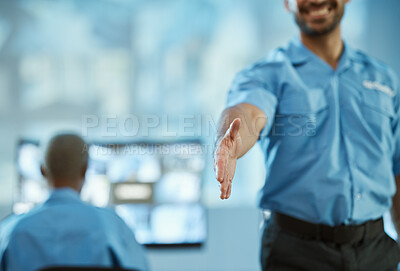 Buy stock photo Man, police and handshake for meeting, security or partnership together in team surveillance at office. Male person, officer or guard shaking hands for greeting, introduction or protect and serve