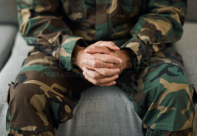 Buy stock photo Hands, military veteran and therapy in office with couch consultation or listening to psychologist for healing mental health. Stress, anxiety and soldier in therapy with trauma, problem or depression