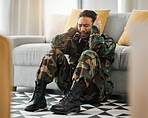 Soldier, sad and ptsd with man in living room for depression, stress and psychology. Army, military and war veteran with person and trauma at home for mental health, bipolar and schizophrenia problem
