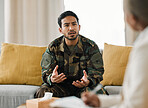 Veteran, talking and therapist for military support in therapy, consultation and listen to mental health, trauma or war conflict. Sad, memory or conversation with psychologist for healing or help
