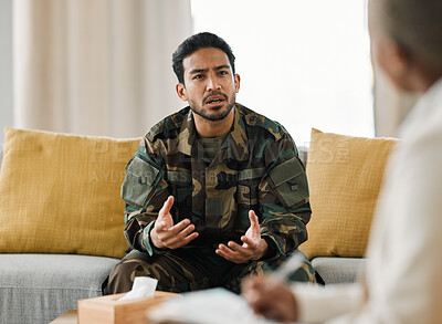 Buy stock photo Veteran, talking and therapist for military support in therapy, consultation and listen to mental health, trauma or war conflict. Sad, memory or conversation with psychologist for healing or help
