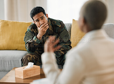 Buy stock photo Listen, therapist and military veteran with support in therapy, consultation and talking about mental health, trauma or war conflict. Sad, memory or conversation with psychologist for healing or help