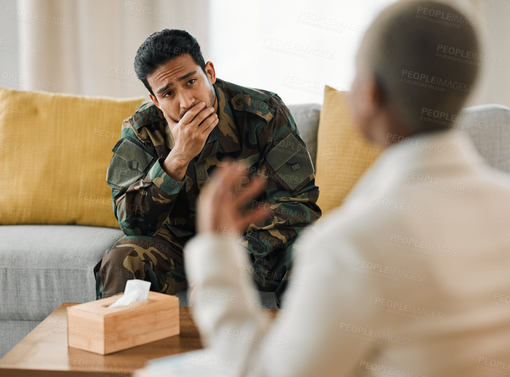 Buy stock photo Listen, therapist and military veteran with support in therapy, consultation and talking about mental health, trauma or war conflict. Sad, memory or conversation with psychologist for healing or help