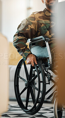 Buy stock photo Military, city and a man from the army in a wheelchair, war injury or rehabilitation. Hands, support and a person, soldier or hero with a disability as a veteran in mobility recovery in the street