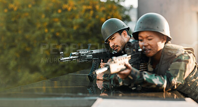 Buy stock photo Military, people and gun for training, defense or power on rooftop for aim, shooting or practice. Army, weapon and black woman with man soldier and sniper rifle for war, target or protection team